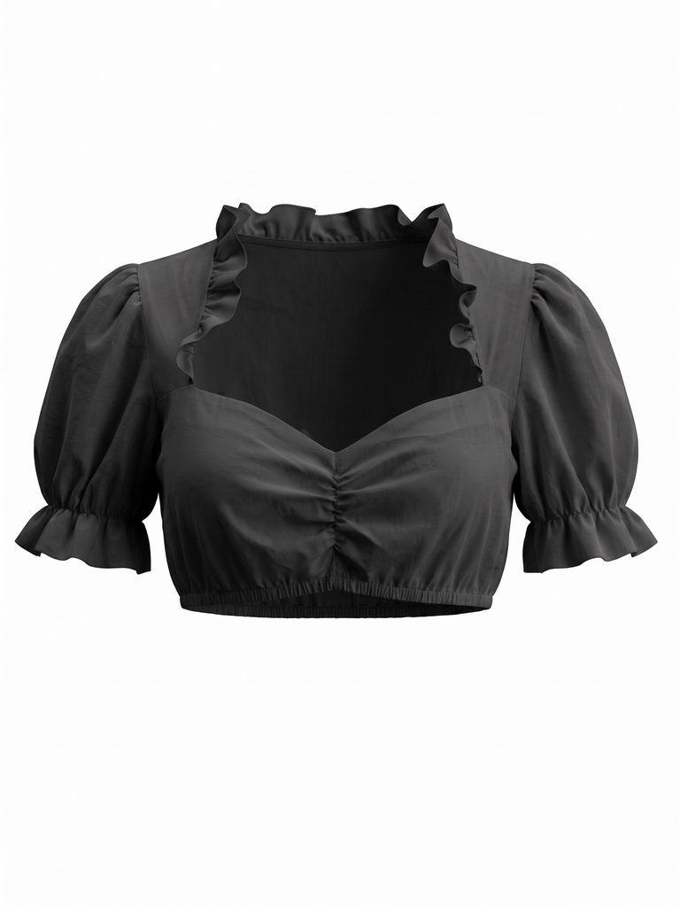 50er Cropped Top mit Rüschenkragen und Puffärmeln