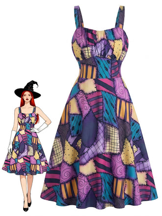 Lila 50er Gothic-Halloween-Kleid mit Patchwork-Print