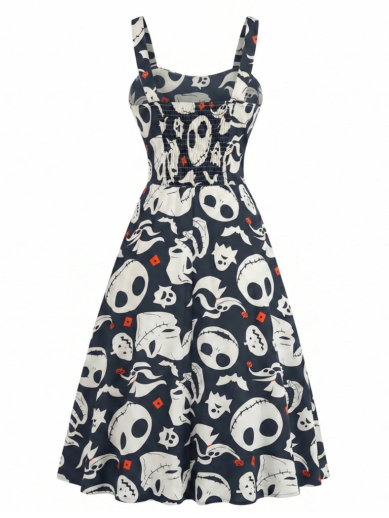 Schwarzes 50er Halloween Kleid mit A-Linie und Print