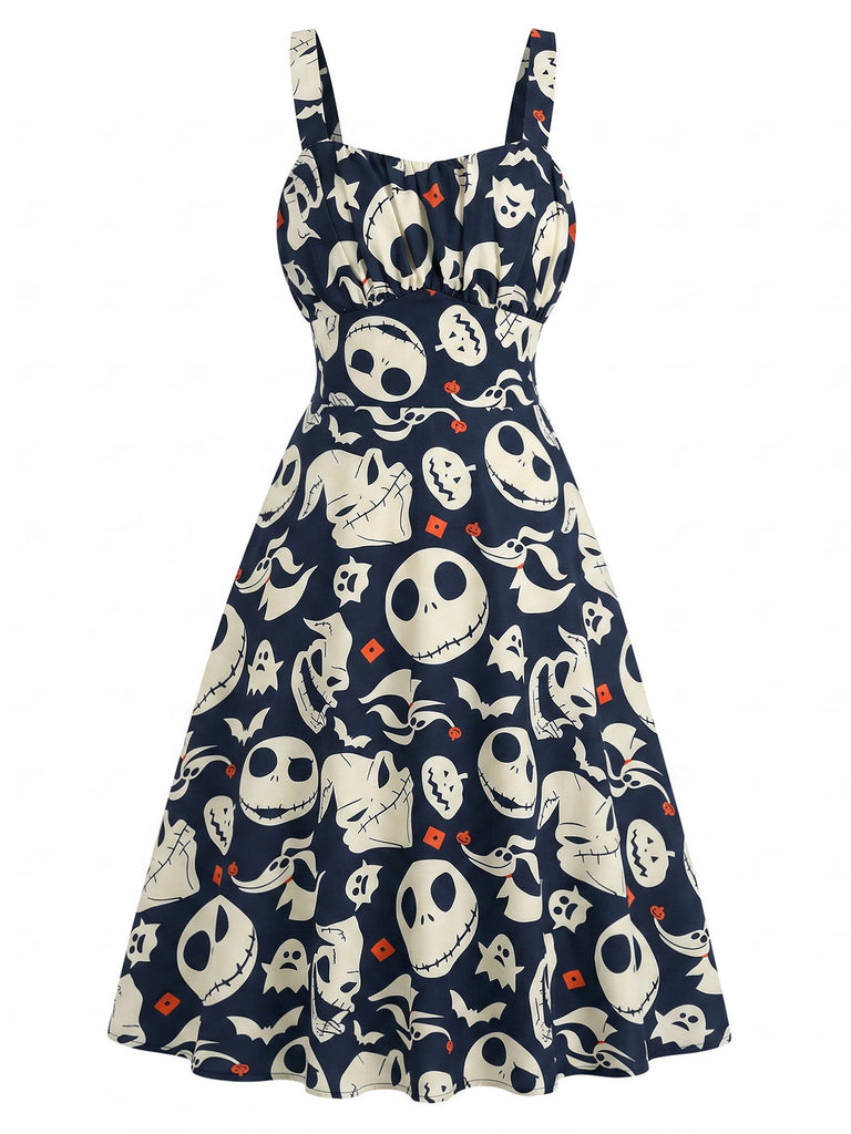 Schwarzes 50er Halloween Kleid mit A-Linie und Print
