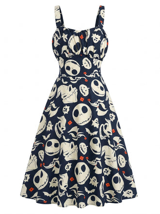 Schwarzes 50er Halloween Kleid mit A-Linie und Print