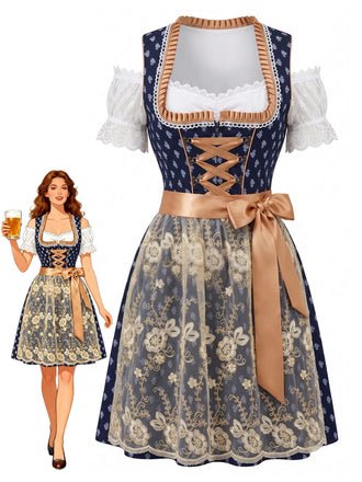 Blaues 50er Kleid, Top & Spitzenschürze 3PCS Set