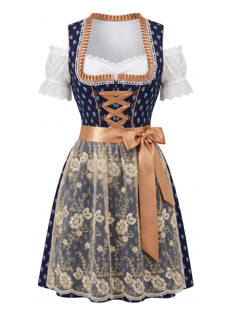 Blaues 50er Kleid, Top & Spitzenschürze 3PCS Set