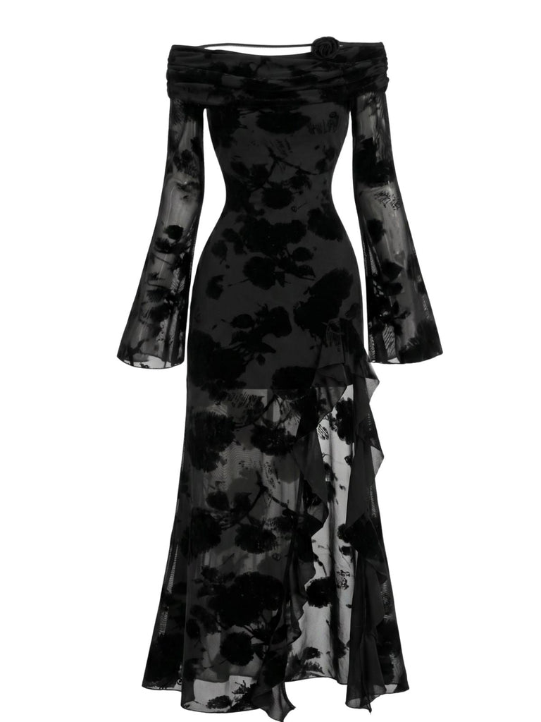 Schwarzes 30er schulterfreies Netzkleid mit Blumen