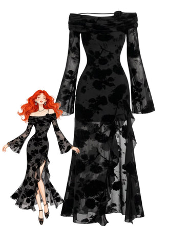 Schwarzes 30er schulterfreies Netzkleid mit Blumen