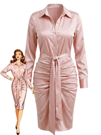 Rosafarbenes 60er Satinhemdkleid mit Raffung und Bindegürtel
