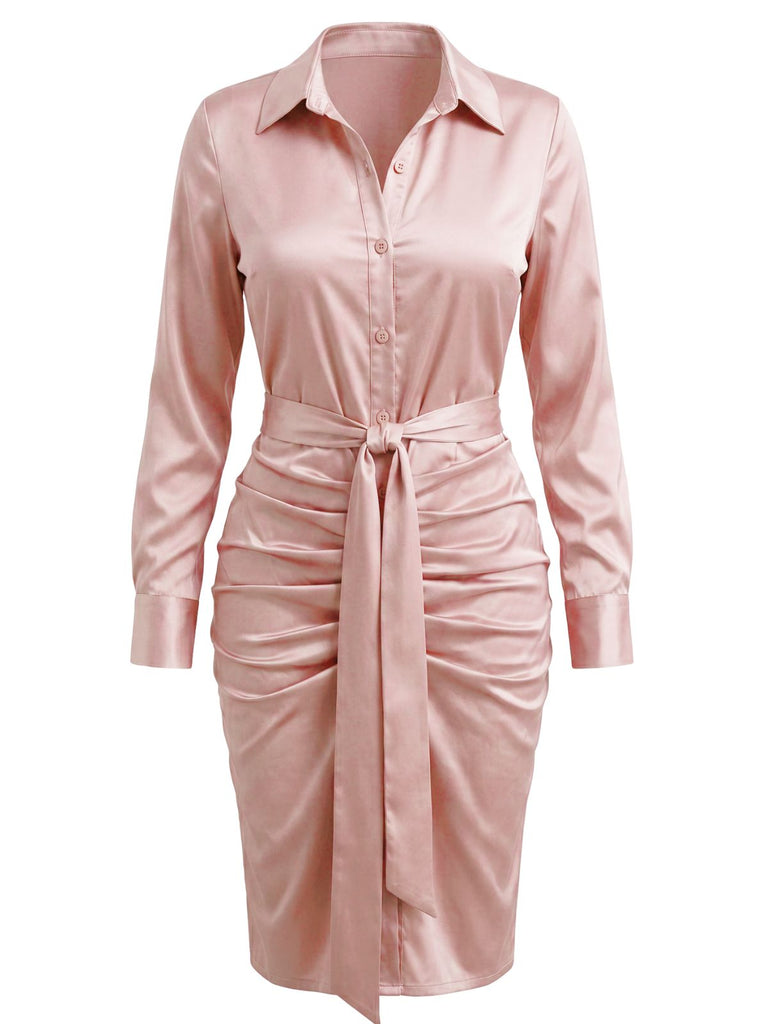 Rosafarbenes 60er Satinhemdkleid mit Raffung und Bindegürtel