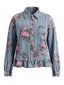Blaue 50er Denimjacke mit Blumenmuster und Rüschensaum