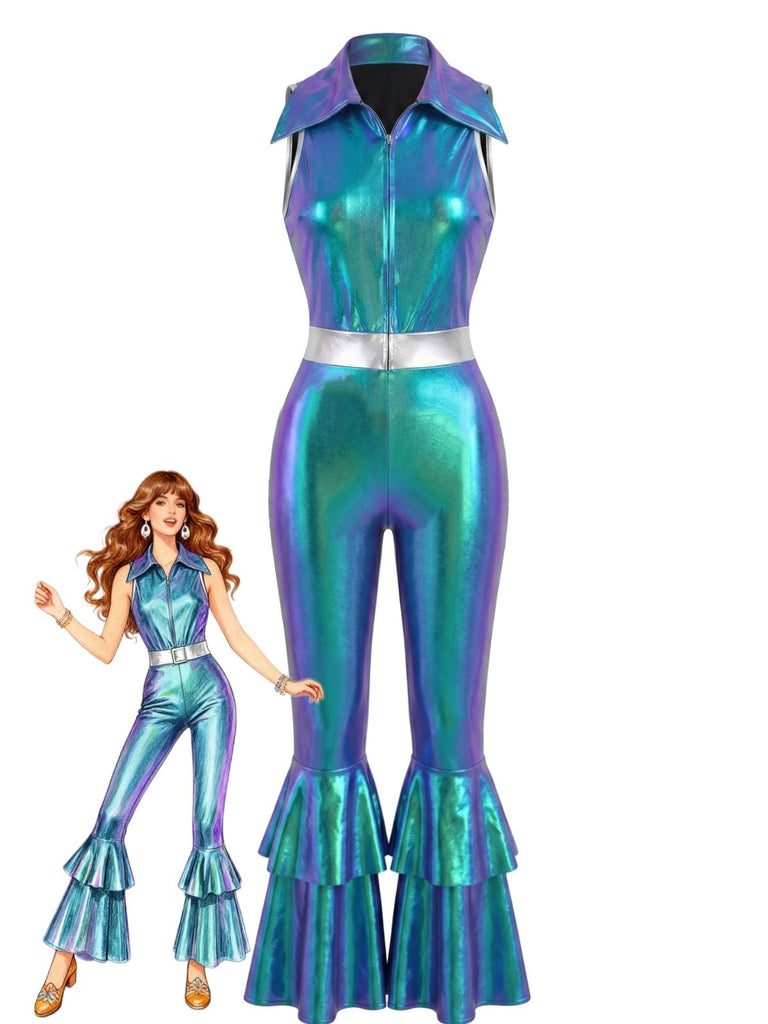Blauer 60er Jumpsuit mit Metallic und Gürtel