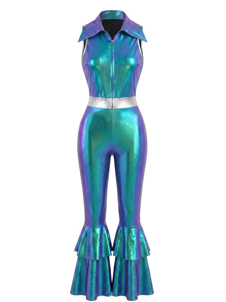 Blauer 60er Jumpsuit mit Metallic und Gürtel