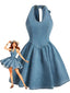 Blaues 50er Jeans-Kleid mit Neckholder und Schleife
