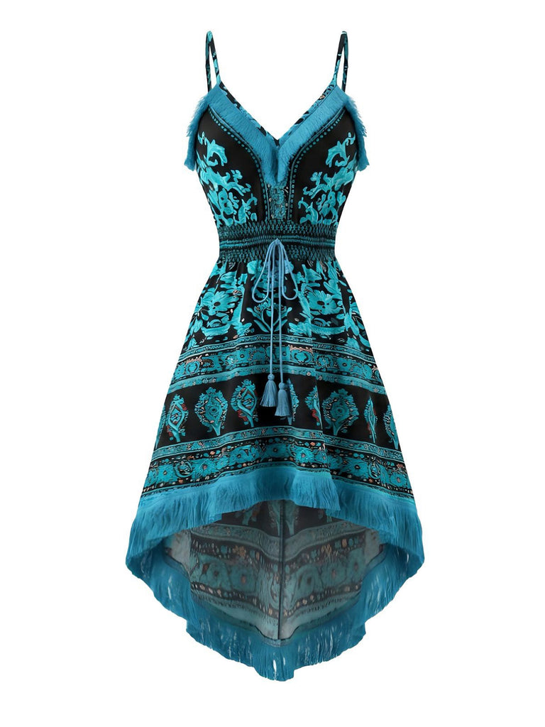 70er Boho-Trägerkleid mit Fransen und High-Low-Saum