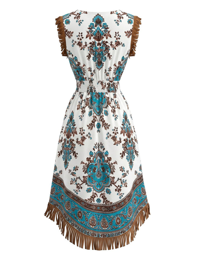 Weißes 70er Boho Minikleid mit Paisley und Fransen