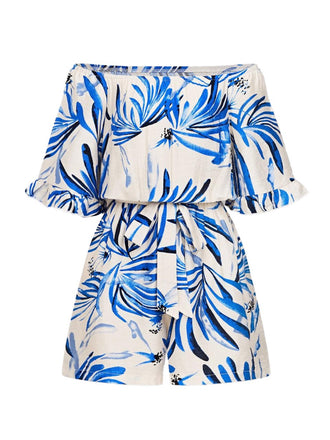 50er schulterfreies Romper mit Rüschen und Print