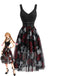 Schwarzes 70er Gothic Kleid mit Rose und Totenkopf