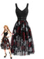 Schwarzes 70er Gothic-Kleid mit Rosen- und Totenkopf-Print