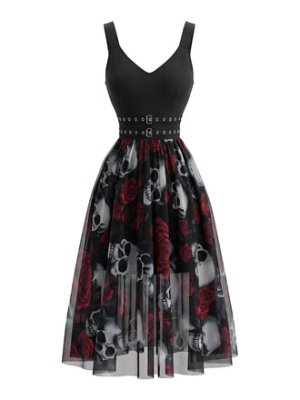 Schwarzes 70er Gothic Kleid mit Rose und Totenkopf
