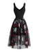 Schwarzes 70er Gothic Kleid mit Rose und Totenkopf
