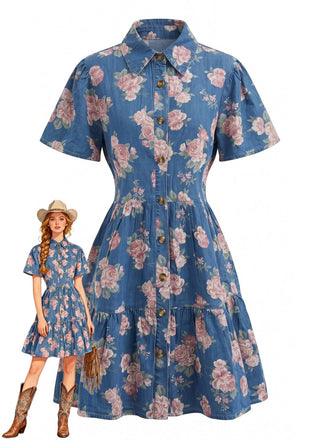 Blaues 70er Shirtkleid mit Blumen-Print und Reverskragen