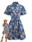 Blaues 70er Hemdblusenkleid mit Reverskragen und Blumen-Print