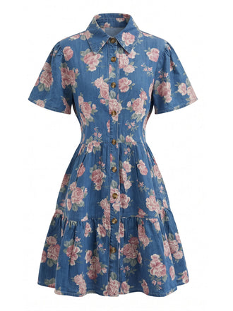 Blaues 70er Shirtkleid mit Blumen-Print und Reverskragen
