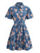 Blaues 70er Shirtkleid mit Blumen-Print und Reverskragen
