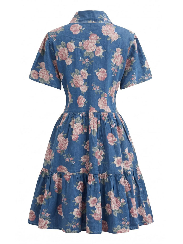 Blaues 70er Shirtkleid mit Blumen-Print und Reverskragen