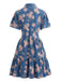 Blaues 70er Shirtkleid mit Blumen-Print und Reverskragen