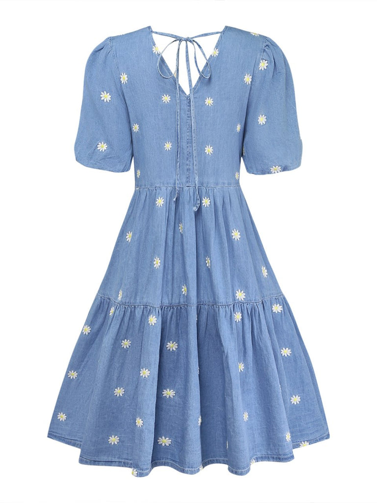 Blaues 70er Kleid mit Puffärmel und V-Ausschnitt
