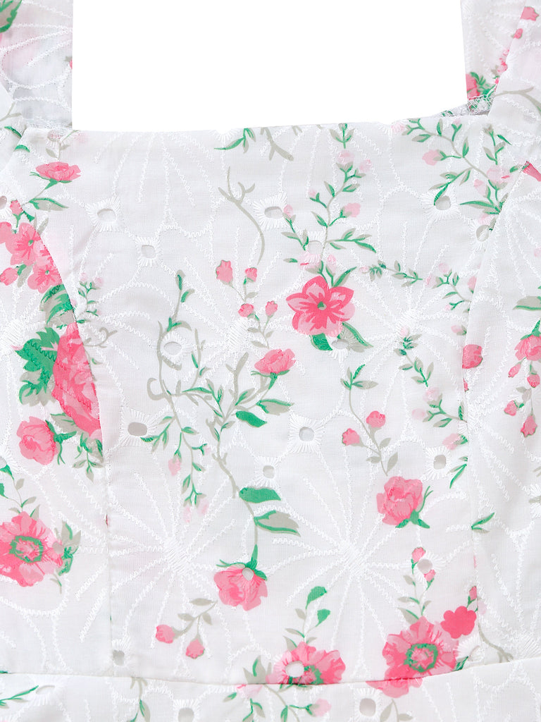 Weißes 50er Kleid mit Bindeband und Blumenstickerei