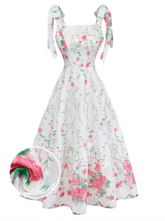 Weißes 50er Kleid mit Bindeband und Blumenstickerei