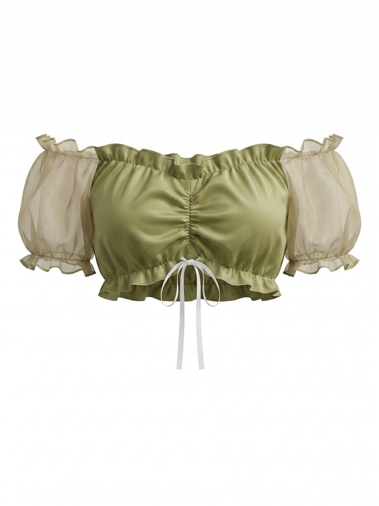 Chartreuse 50er Crop-Top mit Rüschen und Puffärmel