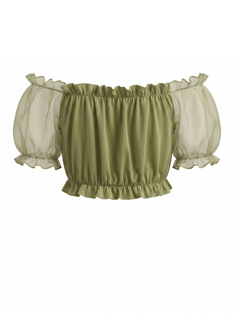 Chartreuse 50er Crop-Top mit Rüschen und Puffärmel