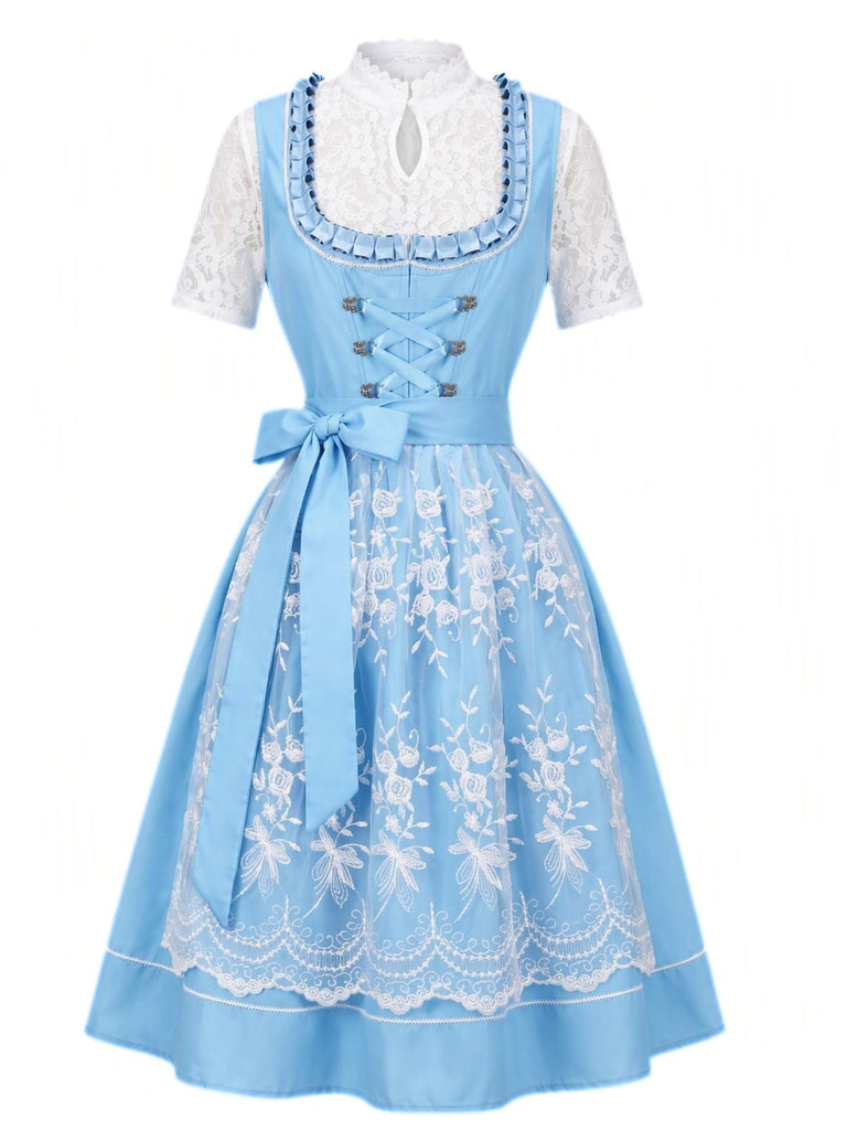 Blaues 50er Kleid mit Schürze und Spitzentop