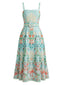Eisgrünes 70er Smockkleid mit tropischen Pflanzen und Gürtel