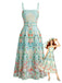 Eisgrünes 70er Smockkleid mit tropischen Pflanzen und Gürtel