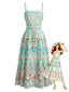 Eisgrünes 70er Smockkleid mit tropischen Pflanzen und Gürtel