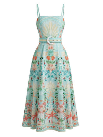 Eisgrünes 70er Smockkleid mit tropischen Pflanzen und Gürtel