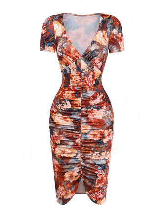 Braunes 60er Bodycon-Kleid mit Blumen und Raffung