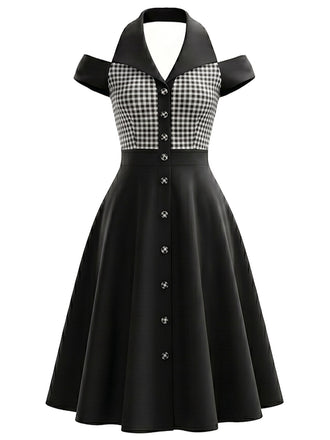 Schwarz-Weißes 50er Gingham-Kleid mit Neckholder