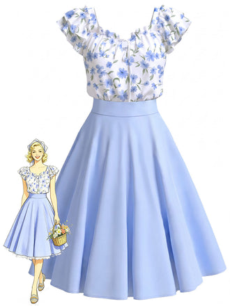 Blaues 50er Kleid mit Blumen-Print und Rüschen