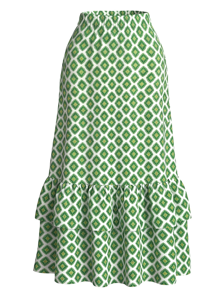 60er Maxirock mit Geometrie-Print und Rüschensaum