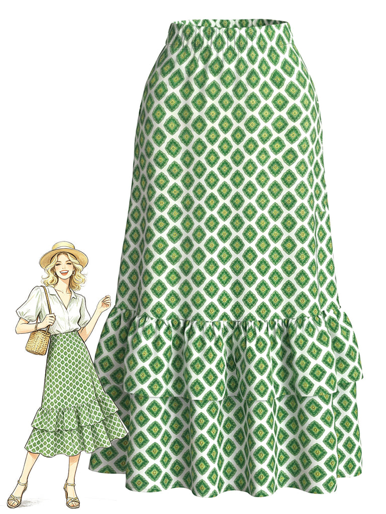 60er Maxirock mit Geometrie-Print und Rüschensaum