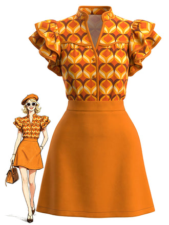 Orange 60er Kleid mit geometrischem Print und Rüschenärmeln