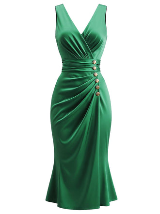 Grünes 50er Satin-Meerjungfrauenkleid mit Raffungen