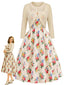 [Vorverkauf] Creme 40er Set aus Bolero-Cardigan und Kleid mit Blumenprint
