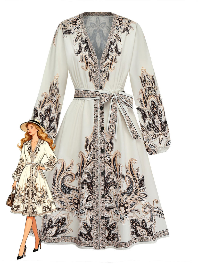 70er Boho Kleid mit V-Ausschnitt und Ballonärmel