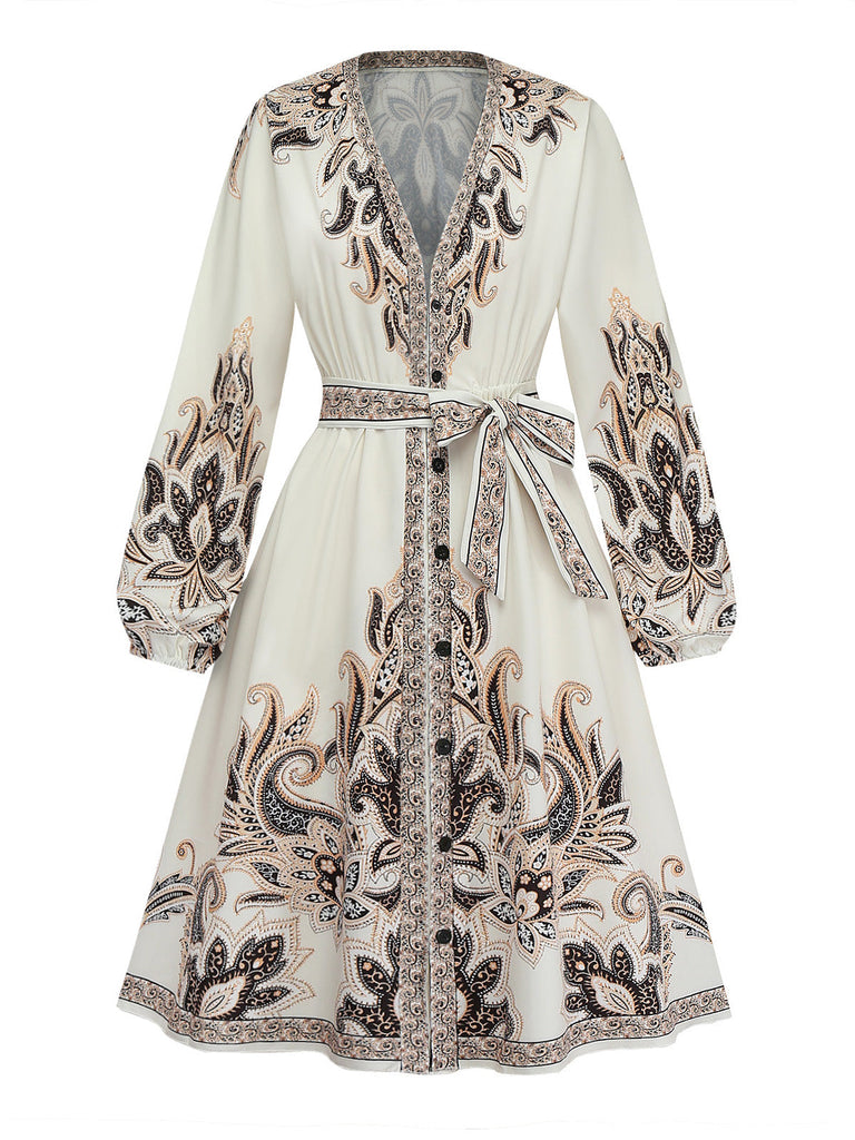 70er Boho Kleid mit V-Ausschnitt und Ballonärmel