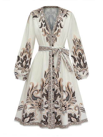70er Boho Kleid mit V-Ausschnitt und Ballonärmel