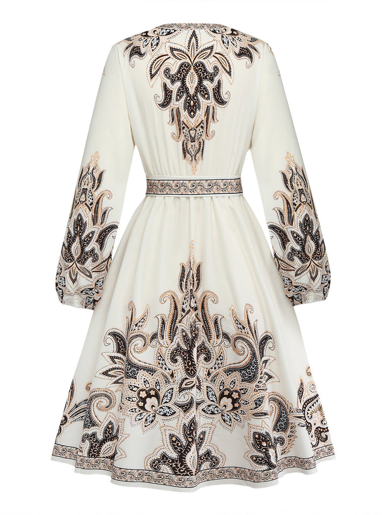 70er Boho Kleid mit V-Ausschnitt und Ballonärmel